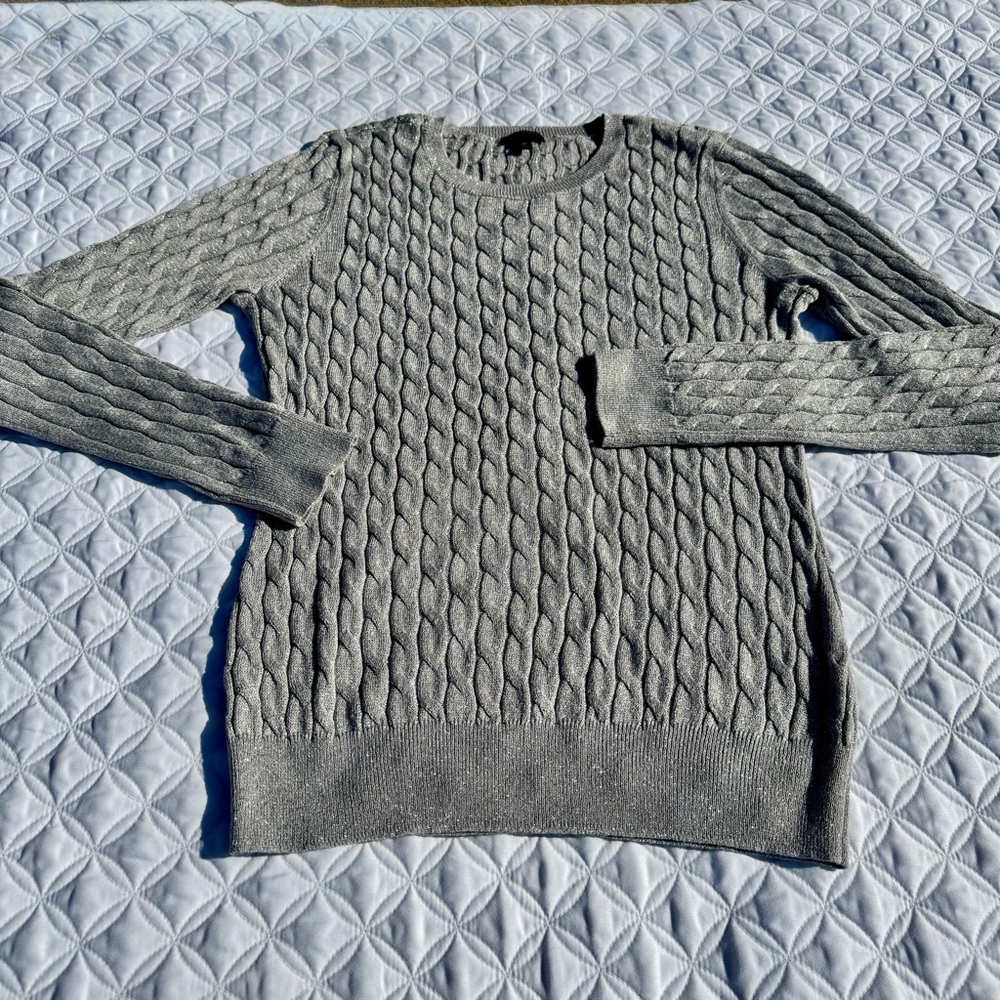 Talbots Gray Silver Metallic Sparkle Cable Knit Crewneck Pullover Sweater Size M